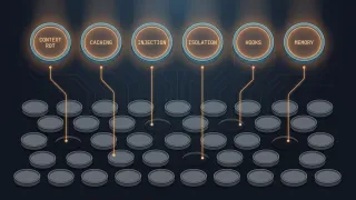 A wide field of pale identical tokens with six of them lifted out and set apart, brighter and larger than the rest