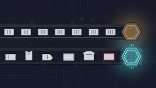A row of nearly identical data cards feeding one test, beside a shorter row of visibly different cards feeding the same test