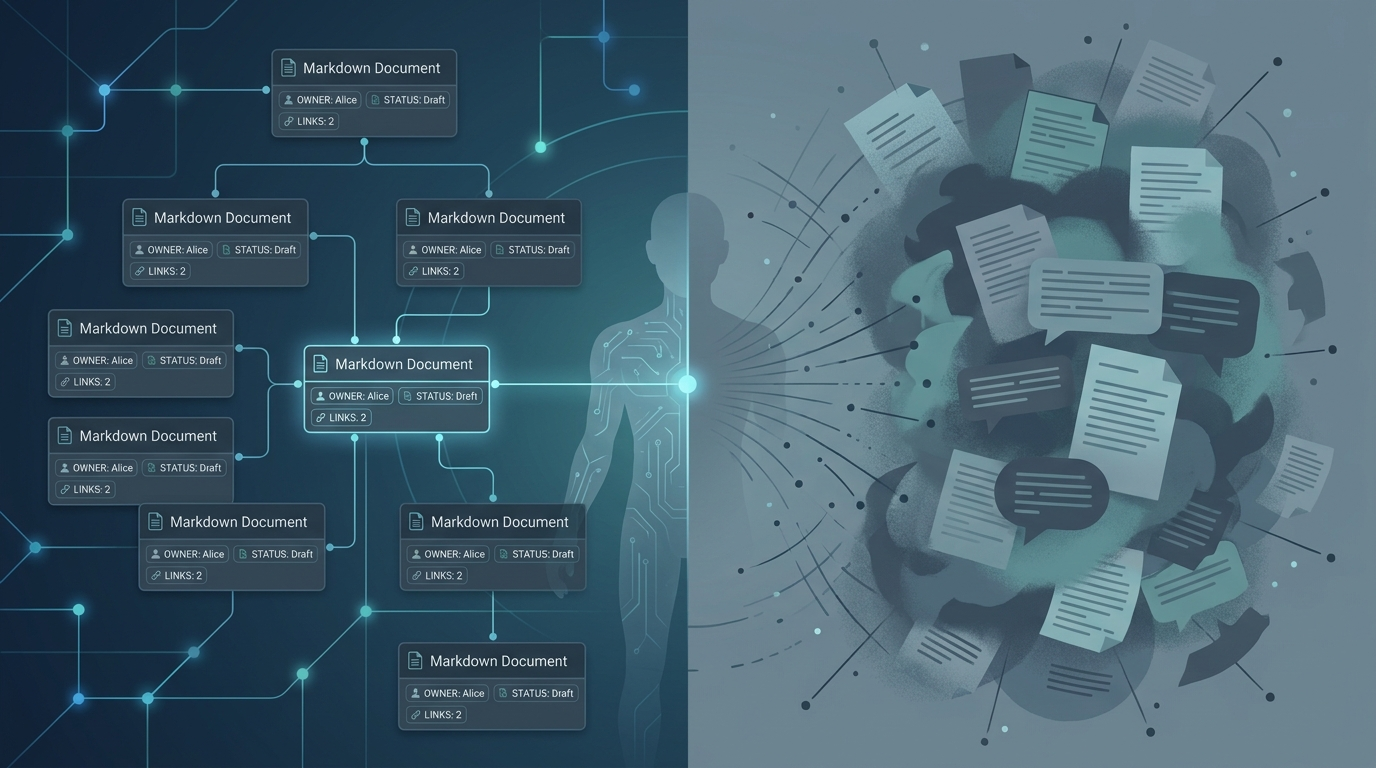 Structured knowledge graph of Markdown files with YAML metadata connected to an AI agent, contrasted with scattered vector search fragments