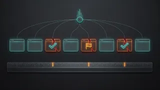 Eight browser cards wired to one decision node; three are cracked and two carry wrong check marks, while a ruler below marks all three cracks