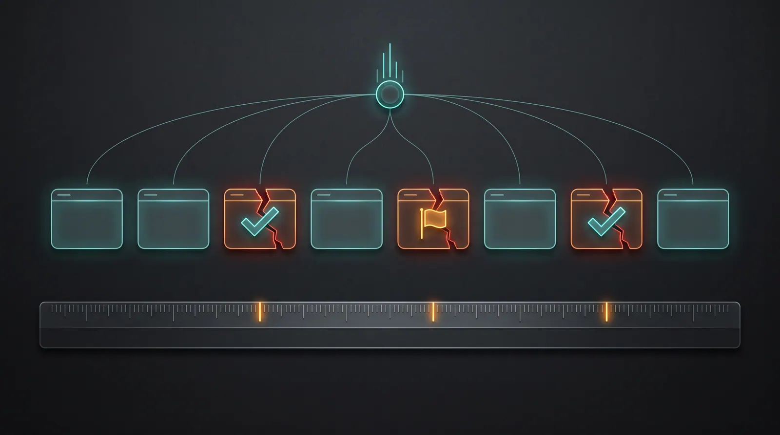 Eight browser cards wired to one decision node; three are cracked and two carry wrong check marks, while a ruler below marks all three cracks