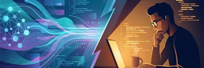 Illustration of a developer reviewing code beside abstract AI-generated code patterns, symbolizing human judgment in the age of AI programming
