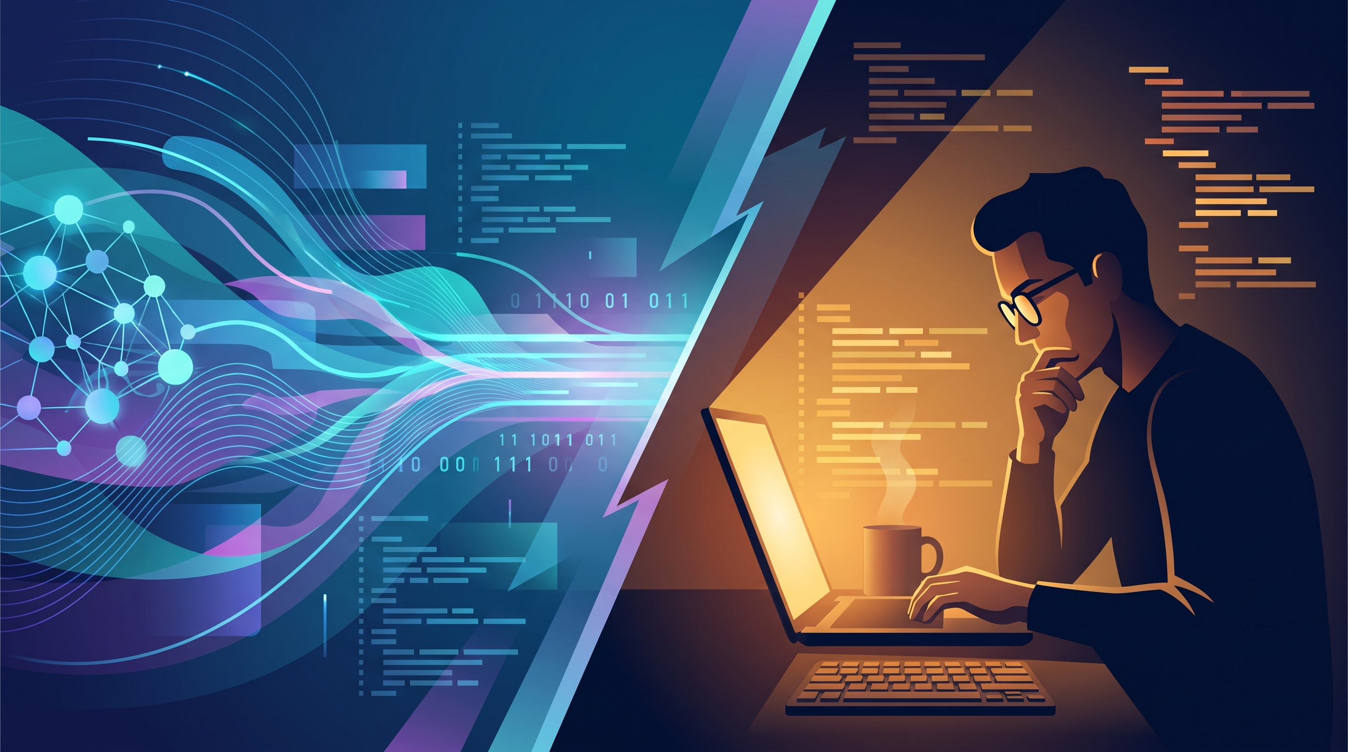 Illustration of a developer reviewing code beside abstract AI-generated code patterns, symbolizing human judgment in the age of AI programming