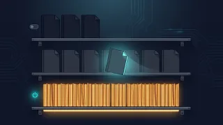Three shelves of documents at different heights, the lowest permanently lit and the upper two dark until reached for