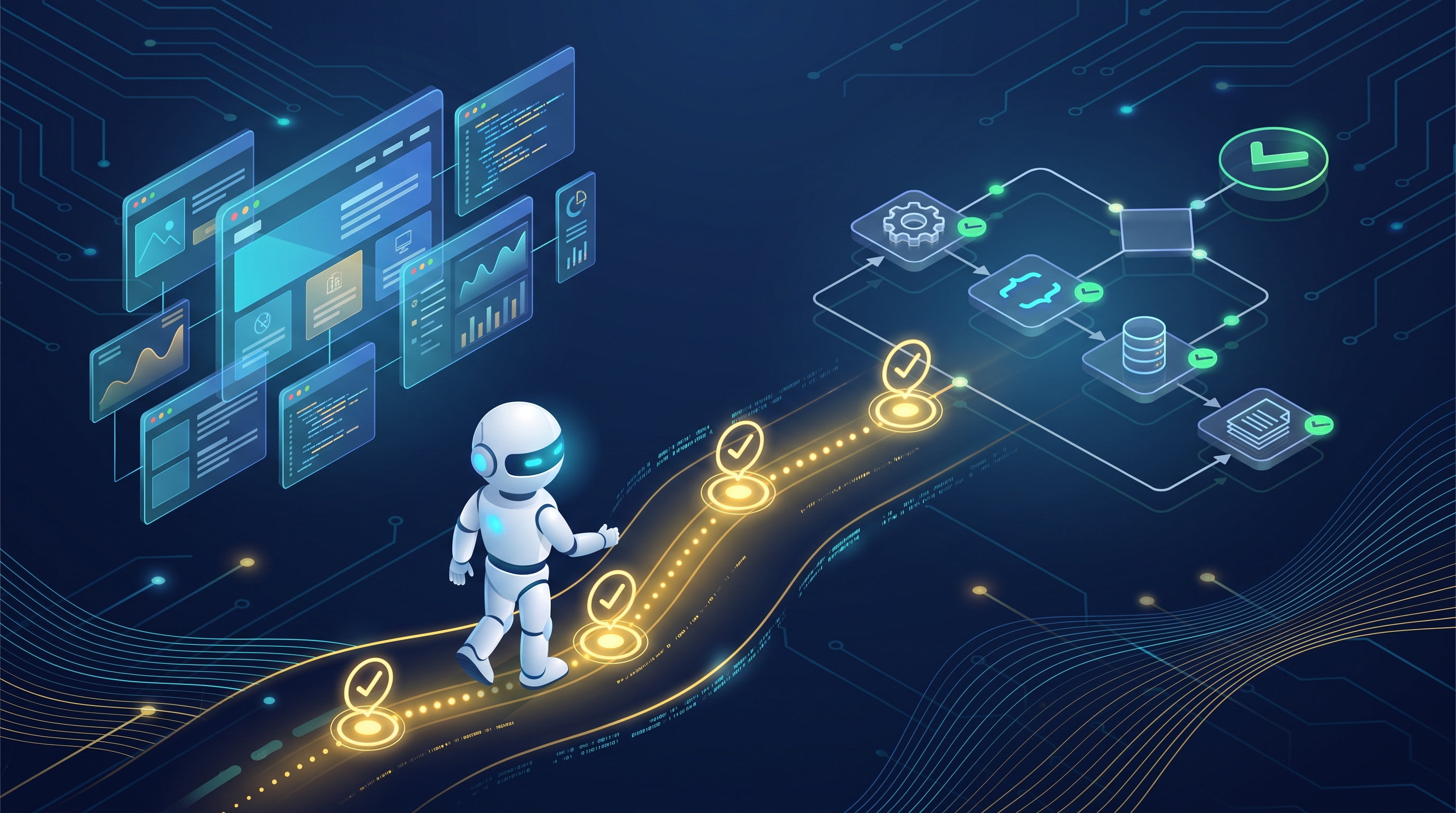 Autonomous QA agent walking a glowing verification path from code and UI windows to a checked flowchart diagram